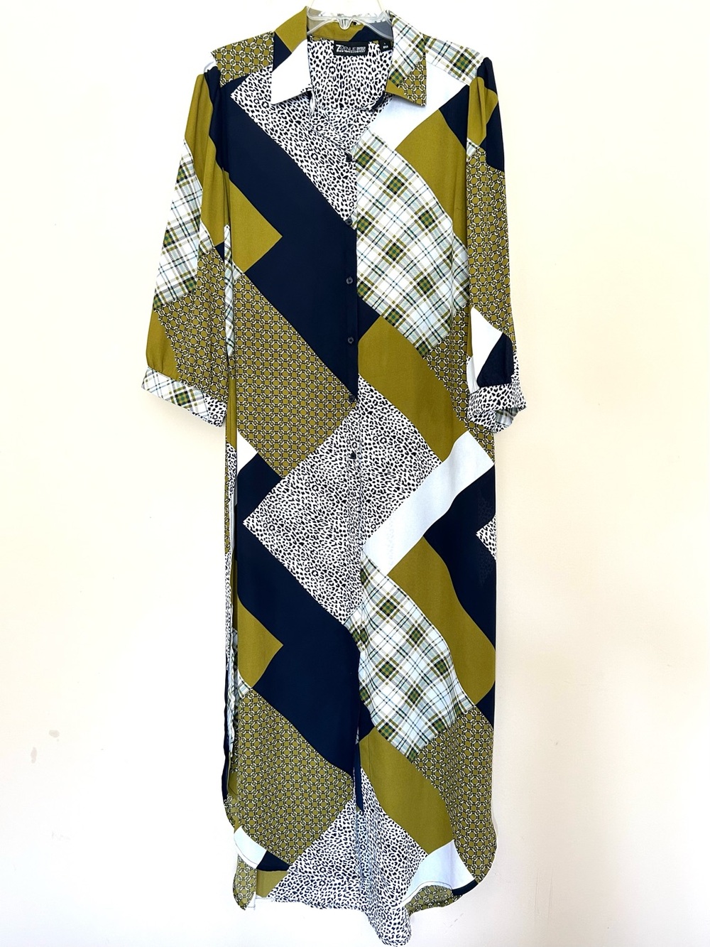 7th Avenue Design Studio Mixed-Print Long Sleeve Patch Work Shirt Dress Tunic
